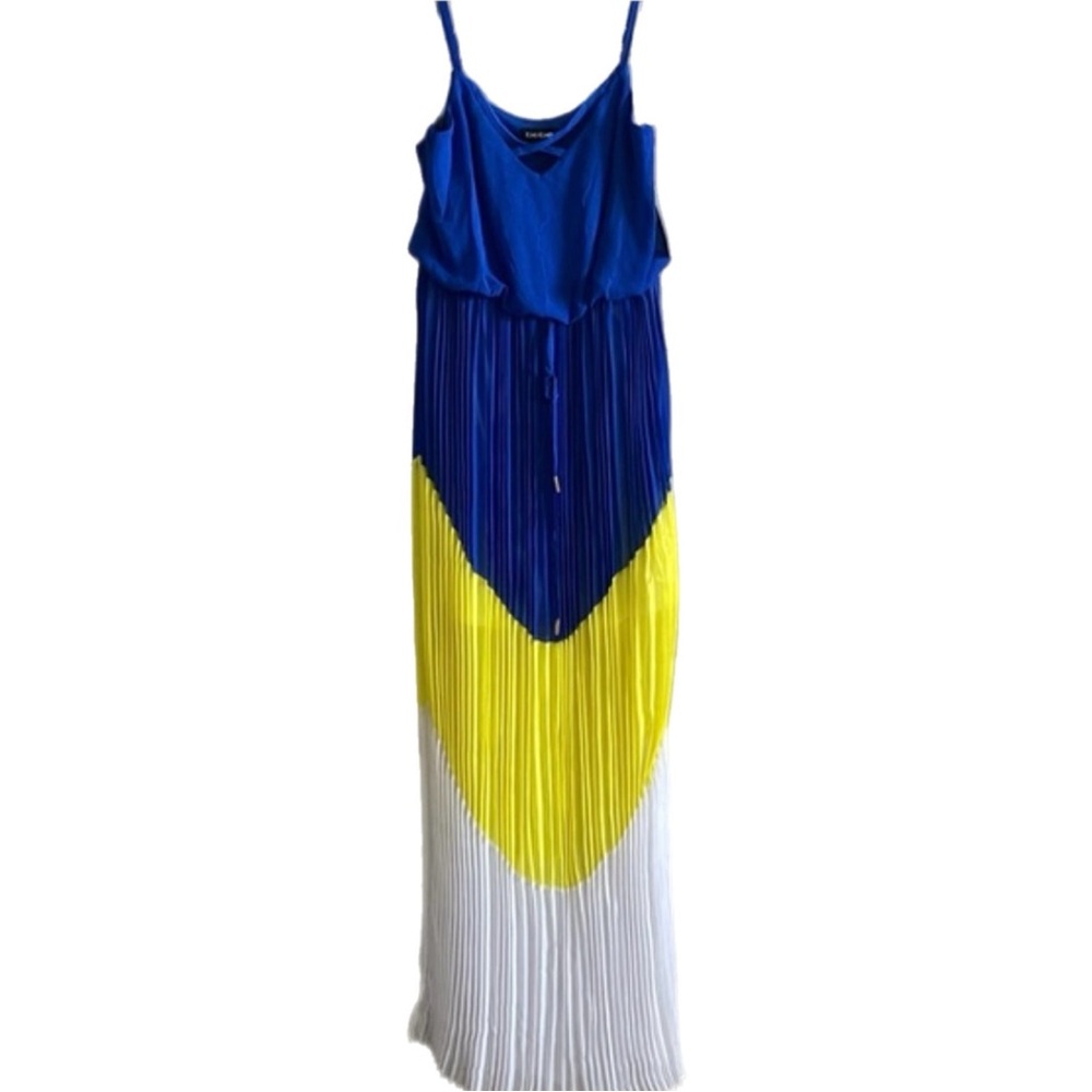 Blue, Yellow, and White Pleated Bebe Maxi Dress
